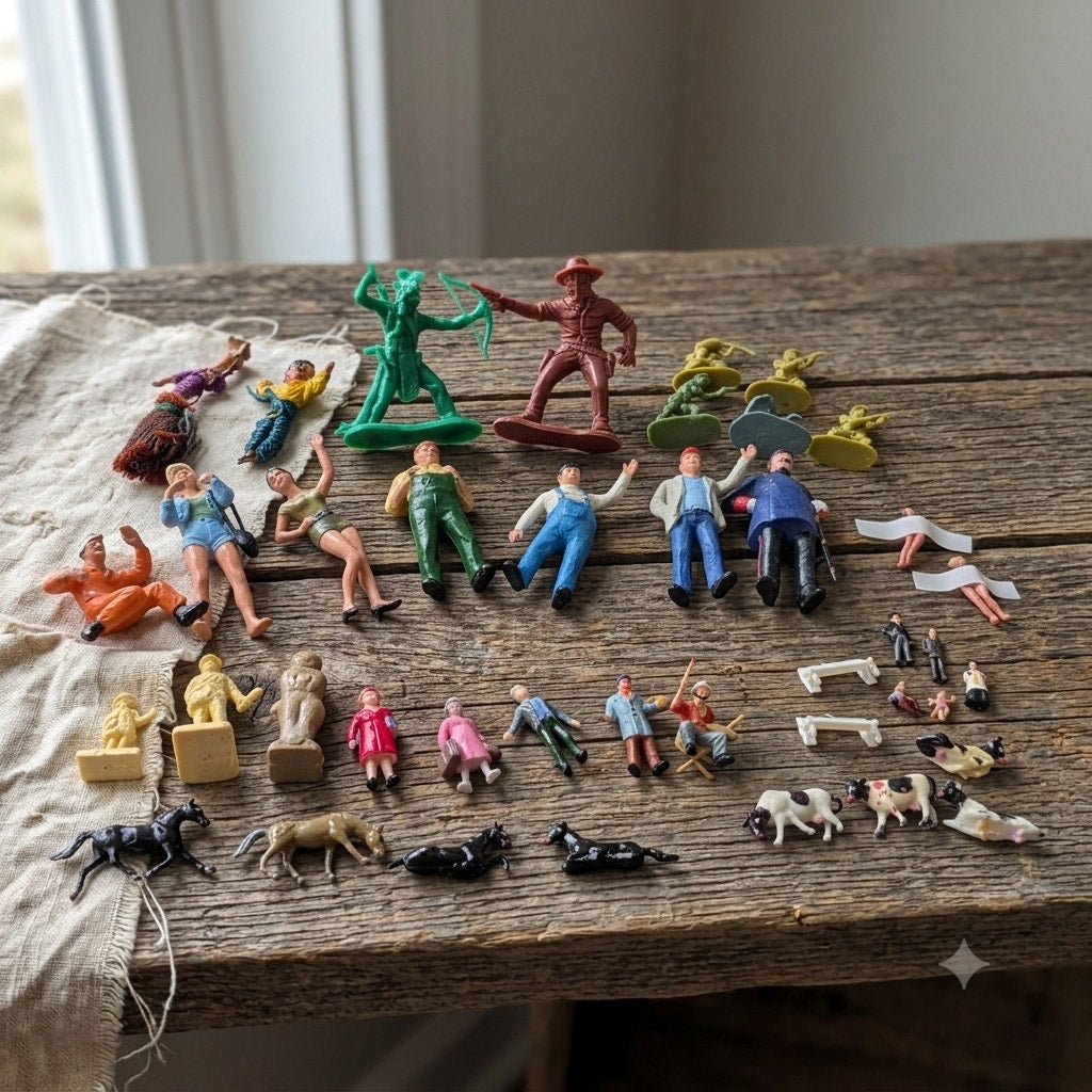 Vtg 41 Pc Miniature Figurine Collection Train Railroad Village Diorama People Animals Mixed Lot