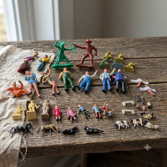 Vtg 41 Pc Miniature Figurine Collection Train Railroad Village Diorama People Animals Mixed Lot