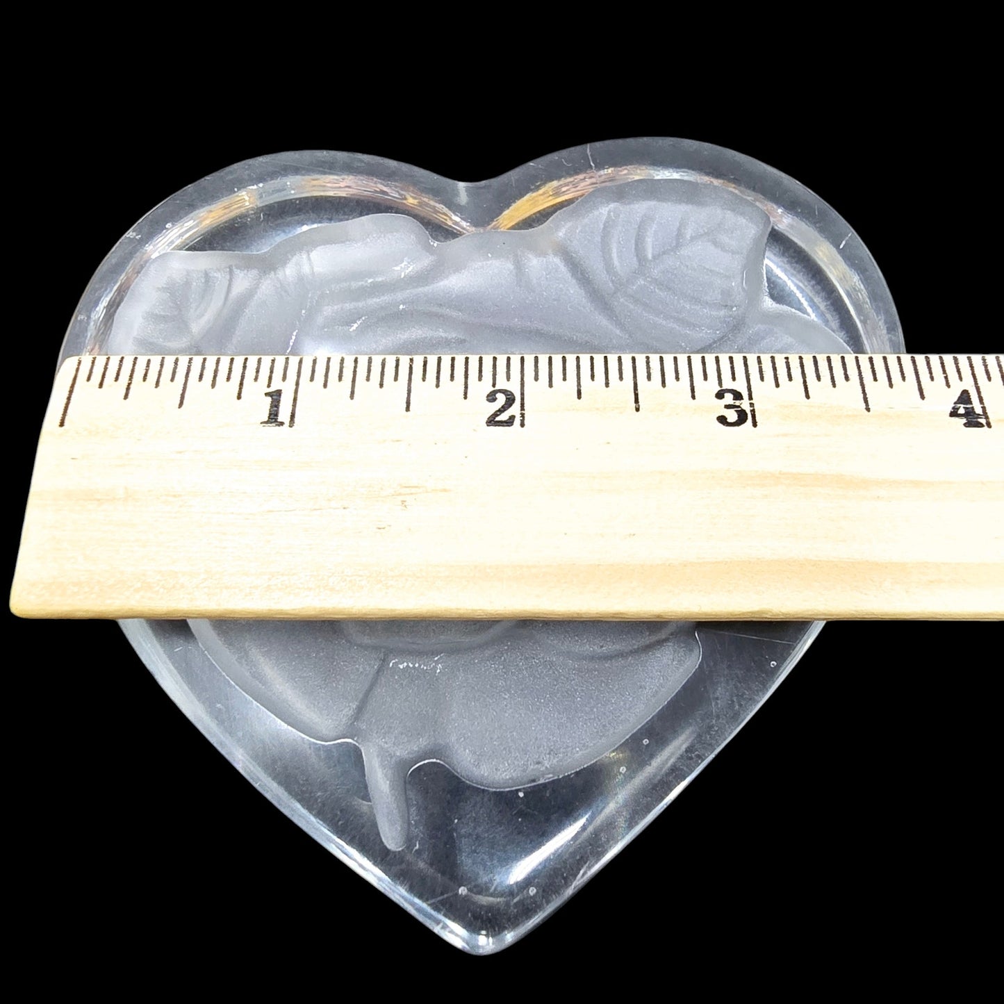 Crystal Etched Rose Heart Glass Paperweight 4" W