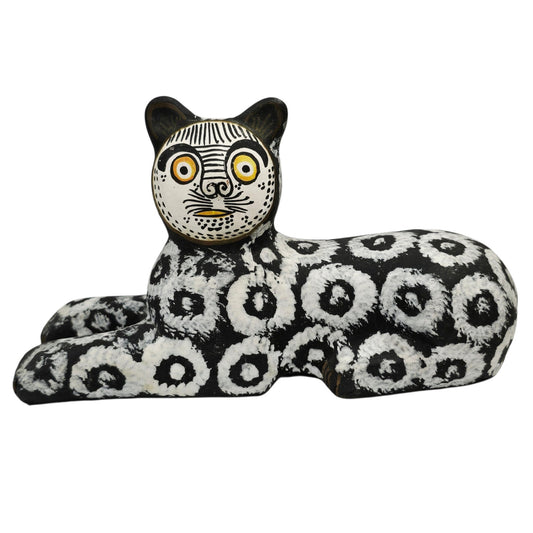 Folk Art Black White Kitsch Cat Figurine Hand Painted Clay Pottery Animal Decor