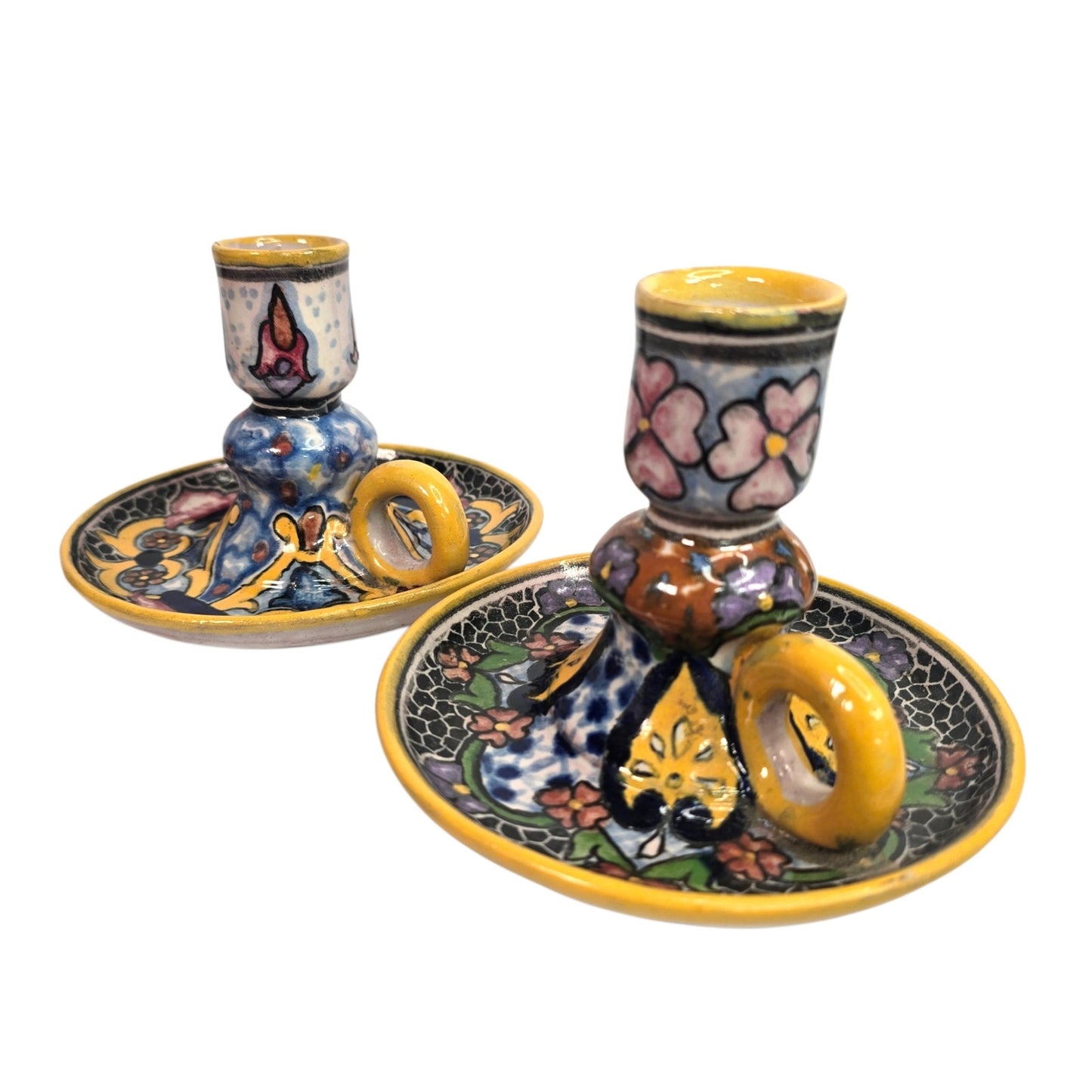 Vtg Casa Rugerio Puebla Mexico Talavera Candlesticks Pair Hand Painted Pottery