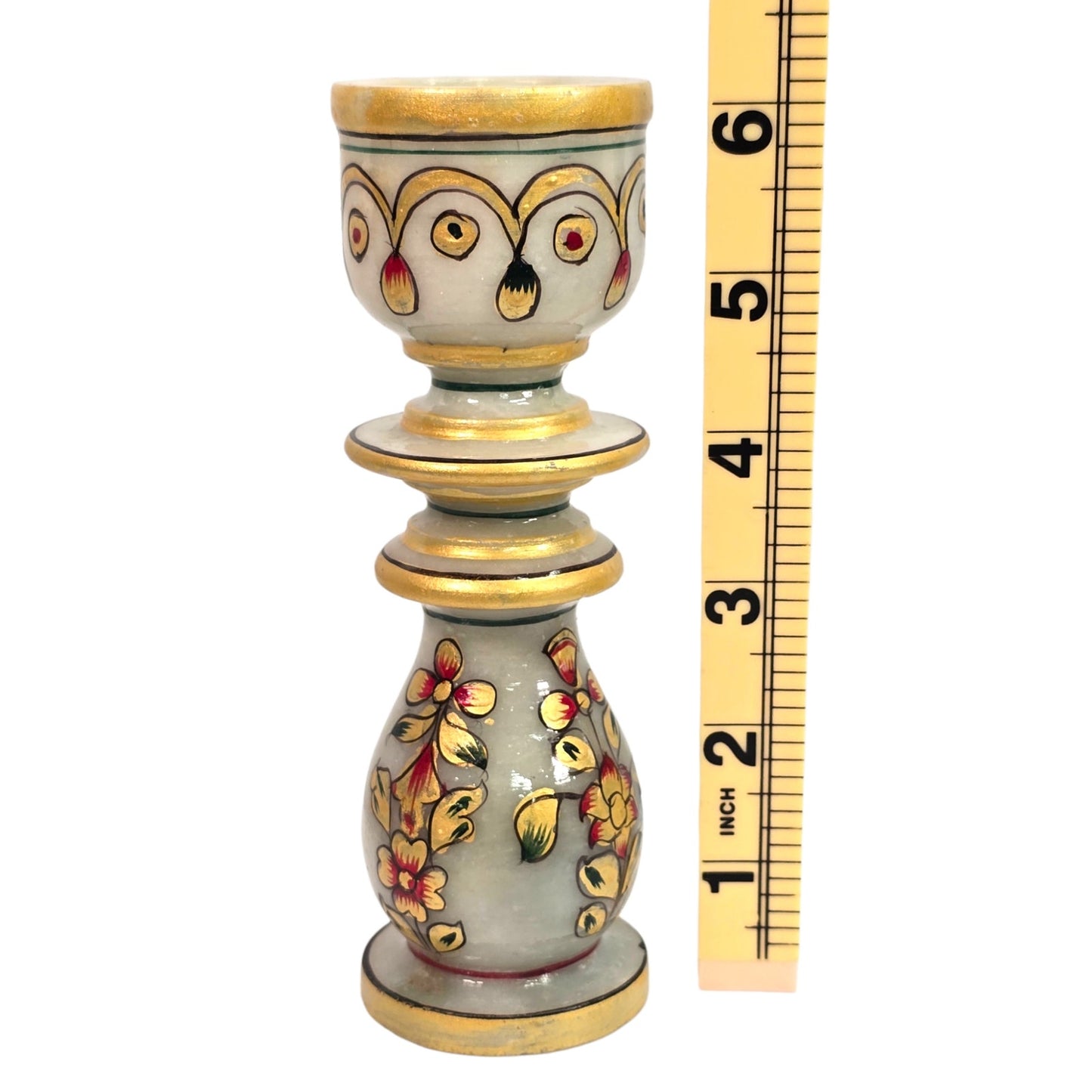 Vintage Indian Meenakari Marble Candle Holder Hand Painted Gold Accents 6"