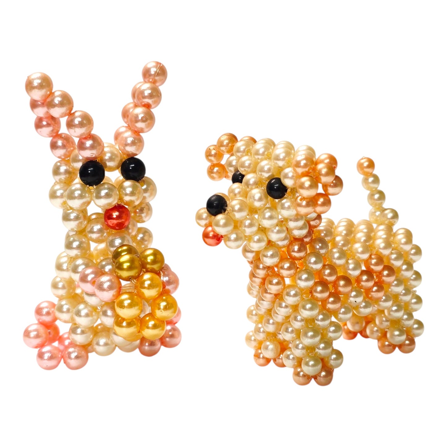Set of 2 Vintage Faux Pearl Beaded Dog and Bunny Pink & Cream Pearl Figurines