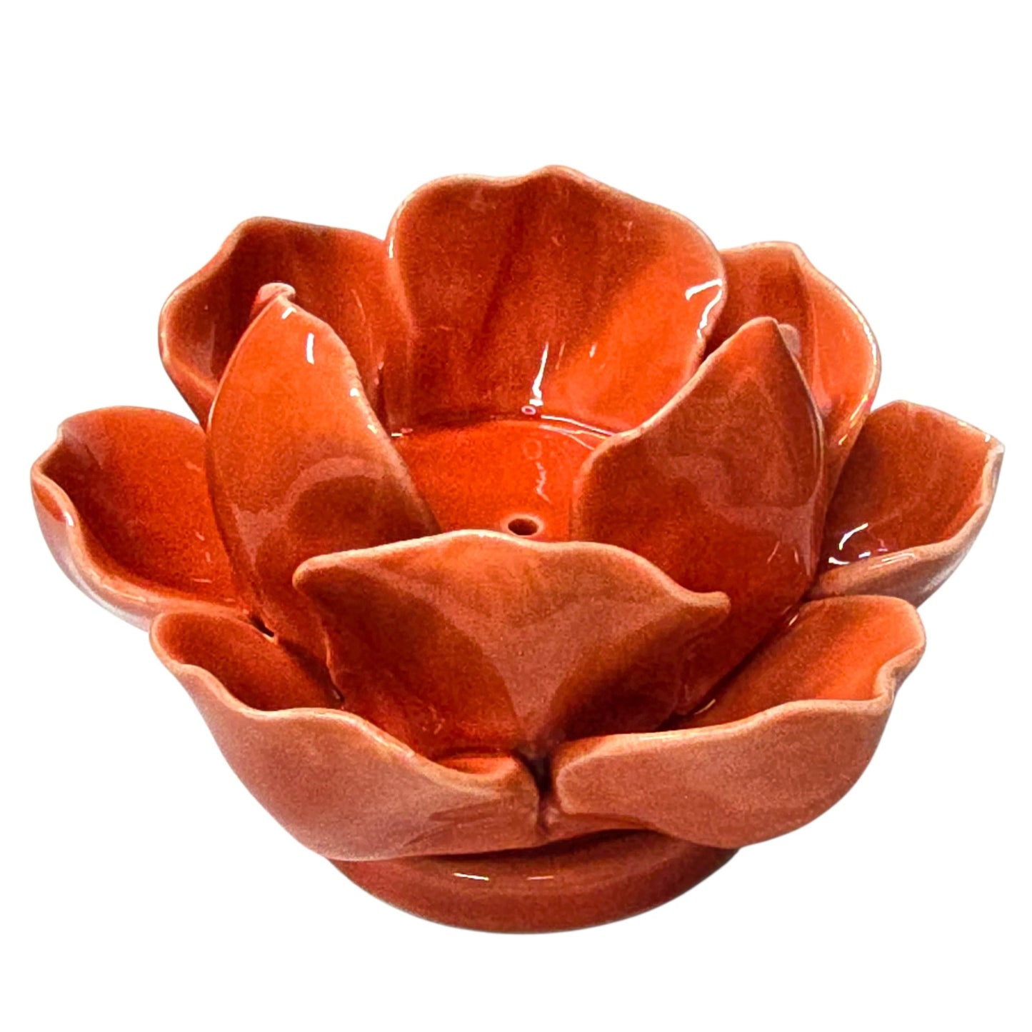 Vintage Poppy Orange Glazed Pottery Lotus Flower Candle Holder Tea Light Artisan