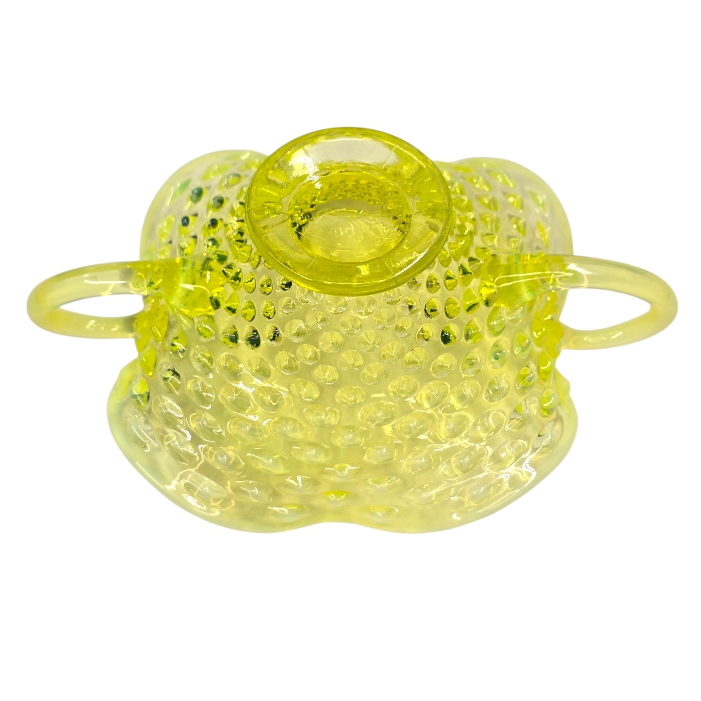 Fenton Vaseline Opalescent Hobnail Bonbon Dish Uranium Glass Double Handle Glows