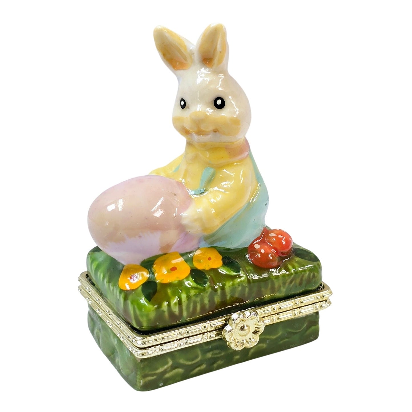 Vintage Easter Bunny Hinged Trinket Box, Ceramic, Rabbit holding Eggs, Handpainted