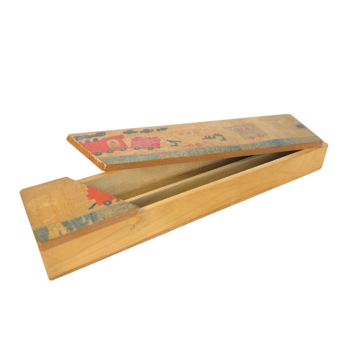 Vintage Wooden Sliding Lid Pencil Box - Hand-Painted Train Motif Mid Century 9"