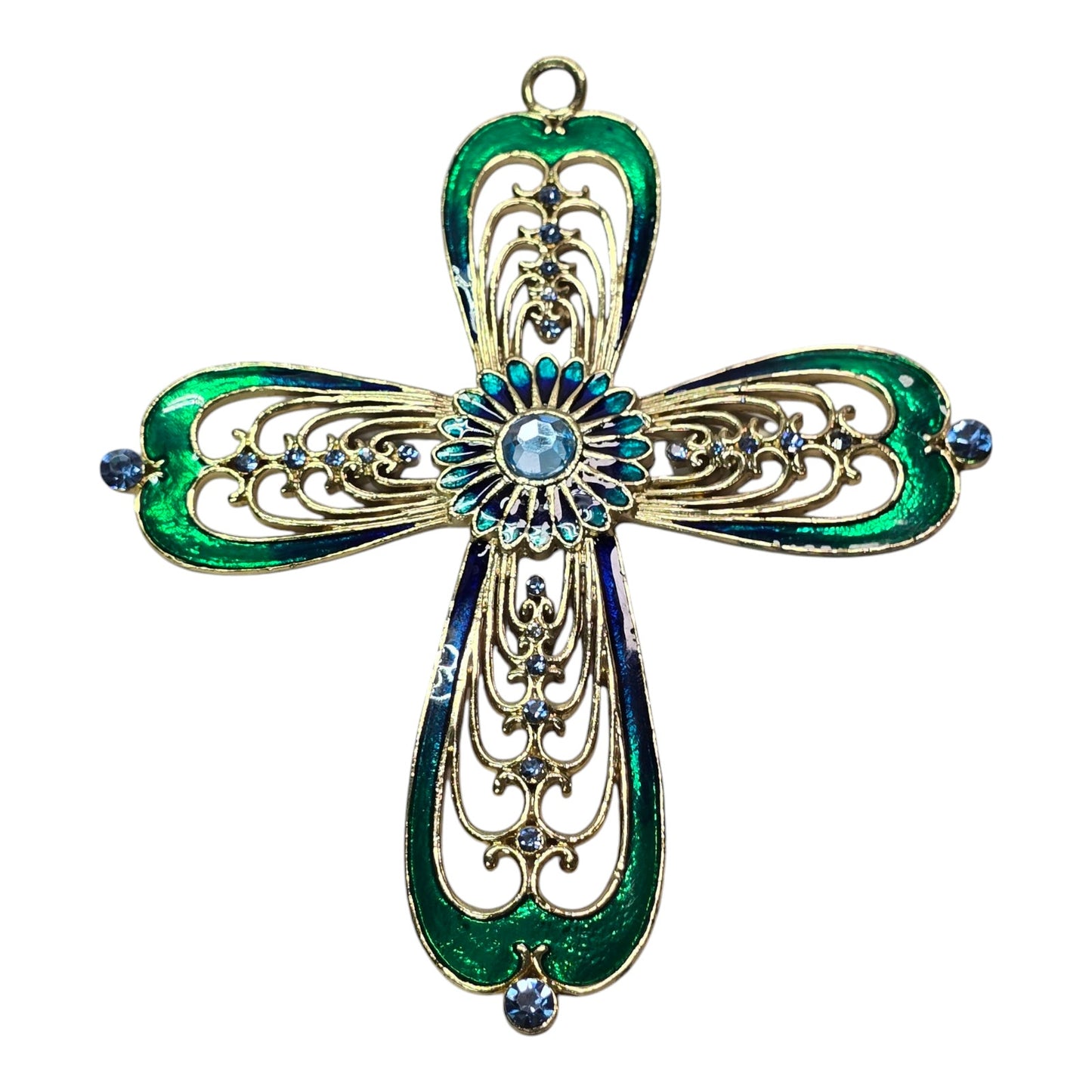 Enamel and Rhinestone Gold Tone Cross Wall Hanging