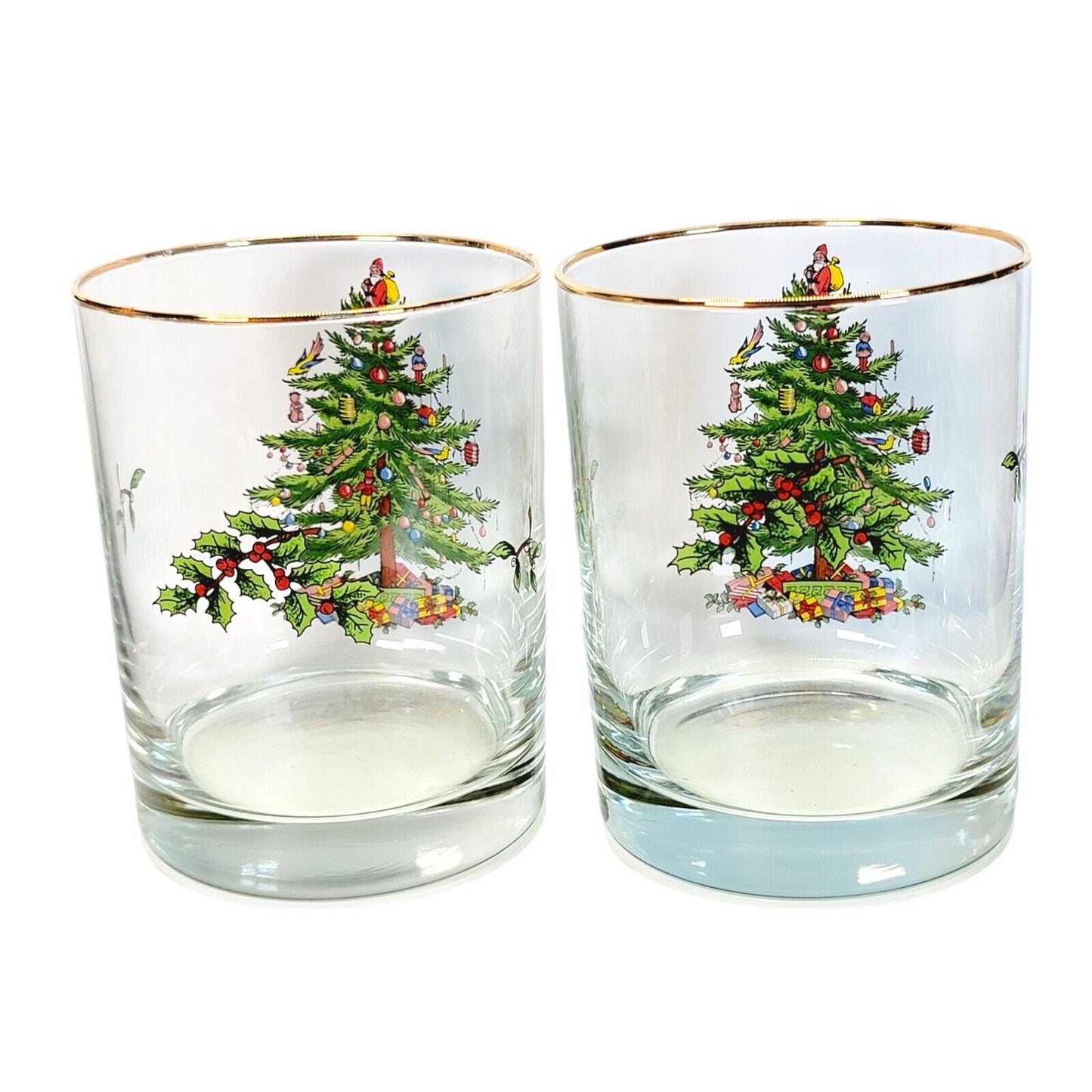 Set of 2 Spode Christmas Tree Double Old Fashioned Gold Rimmed Glasses 4"