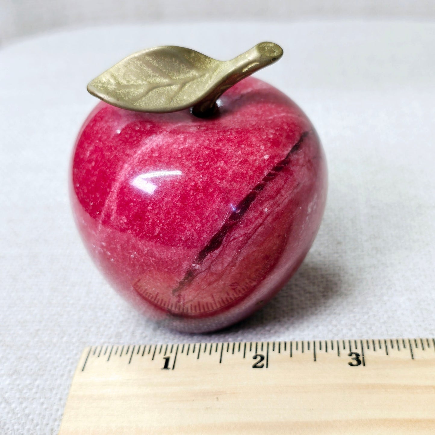 Red Marble Apple Paperweight with Brass Leaf Stem, Teacher Gift