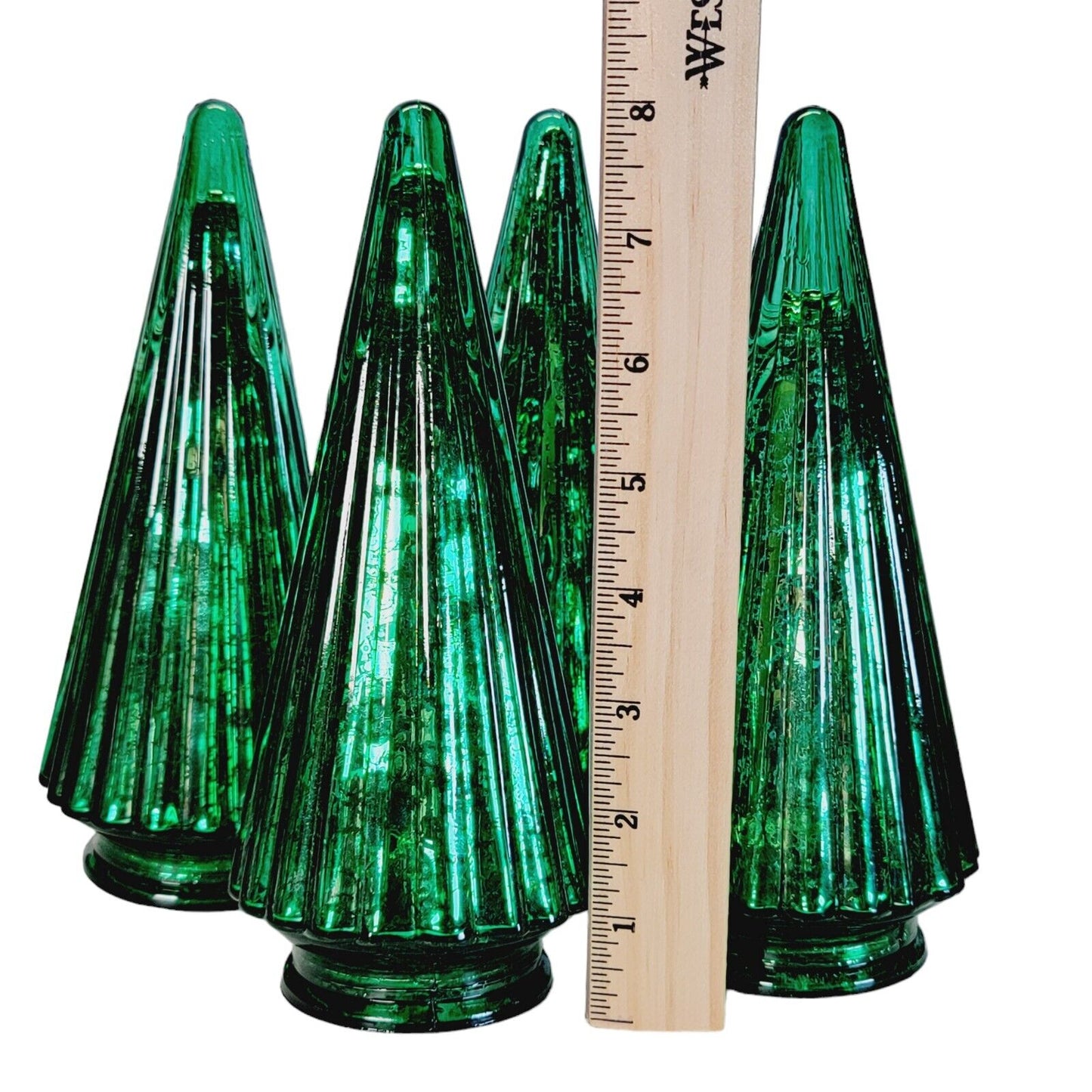 Set of 4 Mercury Glass 8" Light Up Green Christmas Trees, Battery Operated