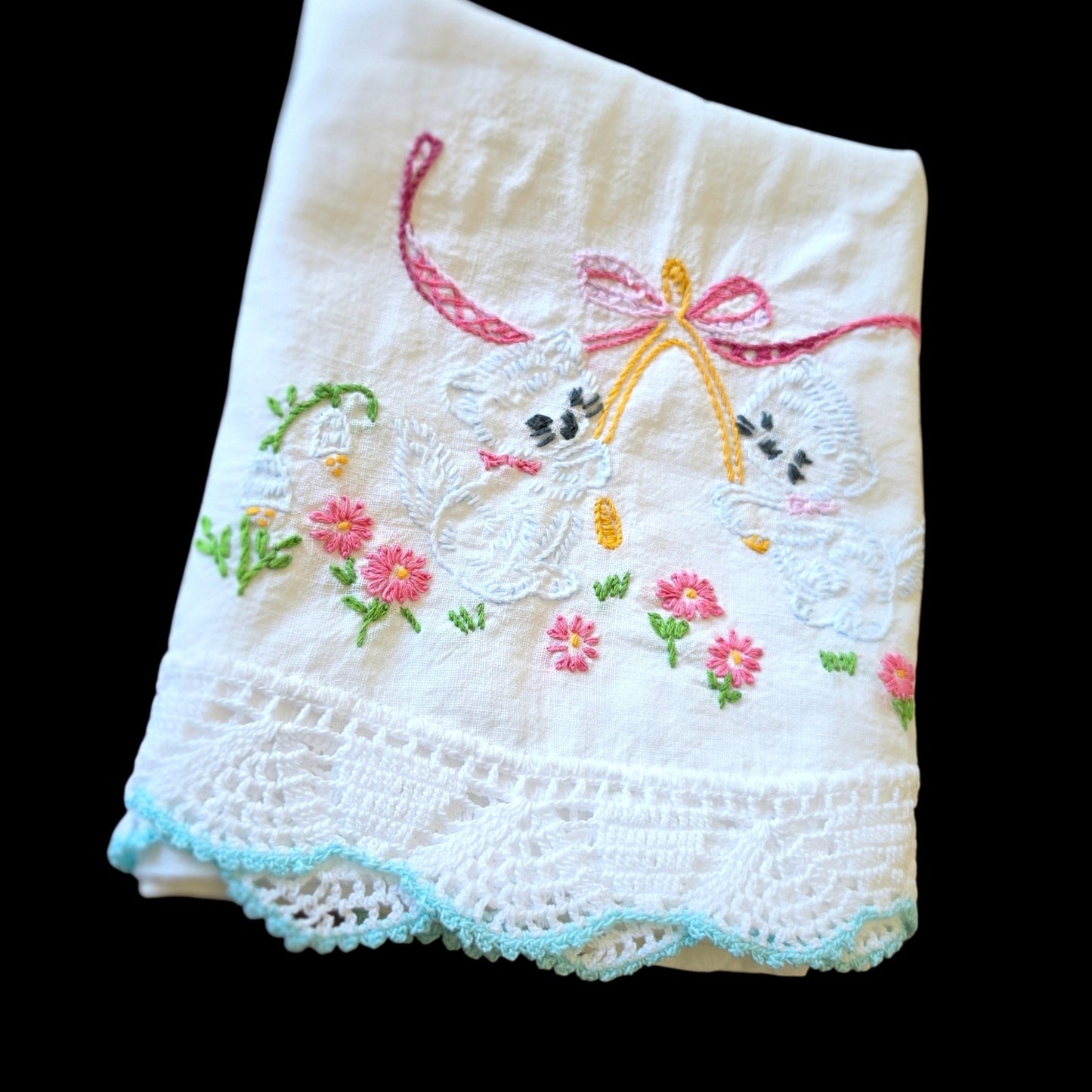 Vintage Embroidered Pillowcase Cats Wishbone Blue Lace Trim Pink Bow