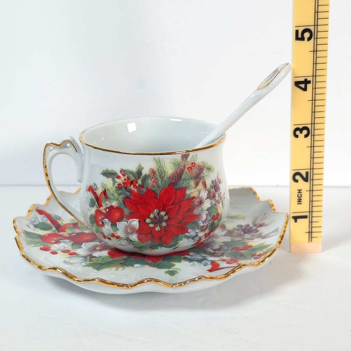 Lois White CreARTive Treasures Christmas Teacup Saucer Spoon Poinsettia