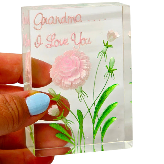 Vintage Lucite Paperweight Pink Carnation Grandma I Love You Flower Acrylic Art nbran