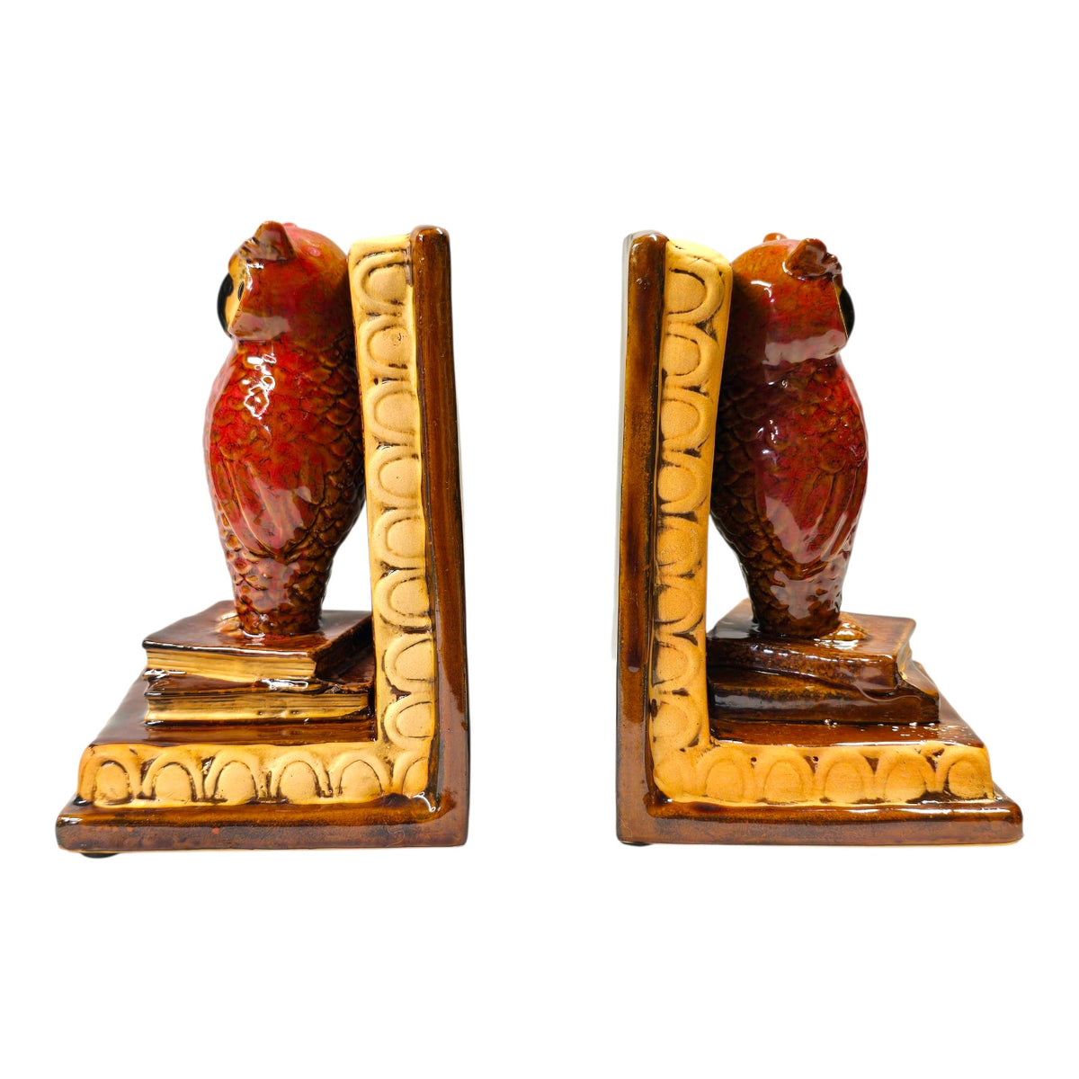 Vtg Ceramic Owl Bookends Great Horned Owl Red Glaze Owls on Books Retro Fall MCM