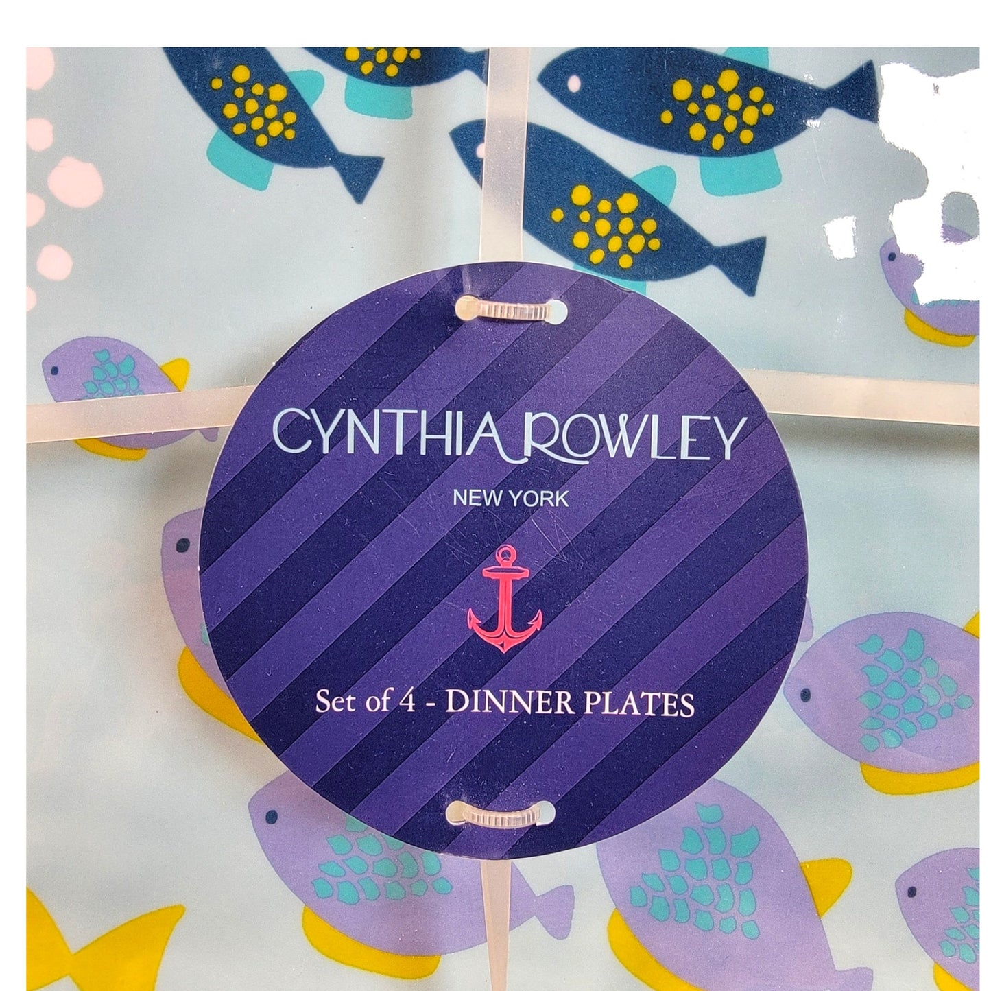 NEW Cynthia Rowley Large 11" Square Melamine Plates Set of 4, Blue Submarine School of Fish