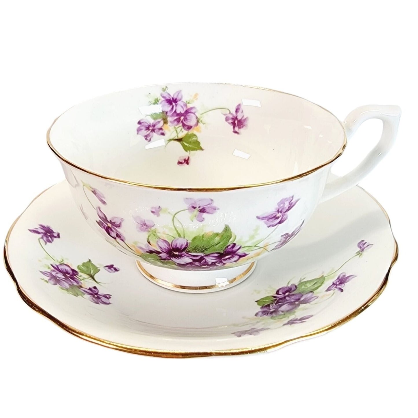 Clarence Bone China Teacup & Saucer Set Violet Floral Pattern Gold Trim Made in England