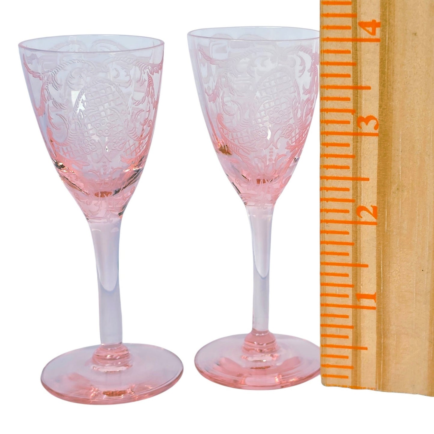 Rare 1929 Cambridge Glass Etched Pink Cordials Etch 740 Stem 3050 Set of 5
