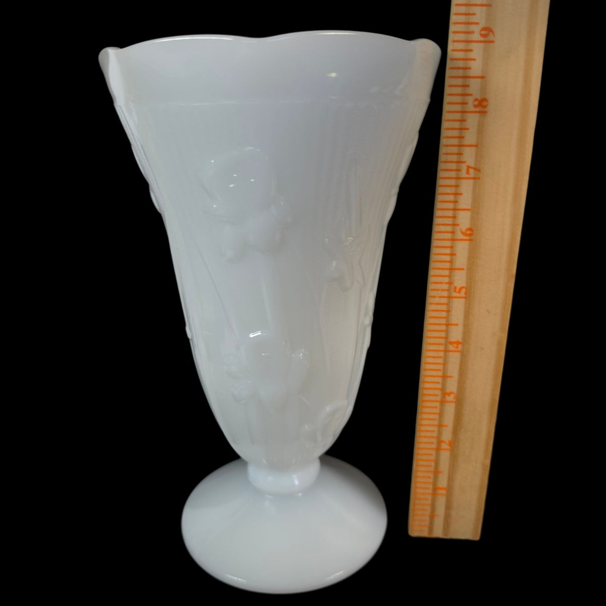 Vintage Jeannette Glass Iris & Herringbone Milk Glass 9” Footed Vase