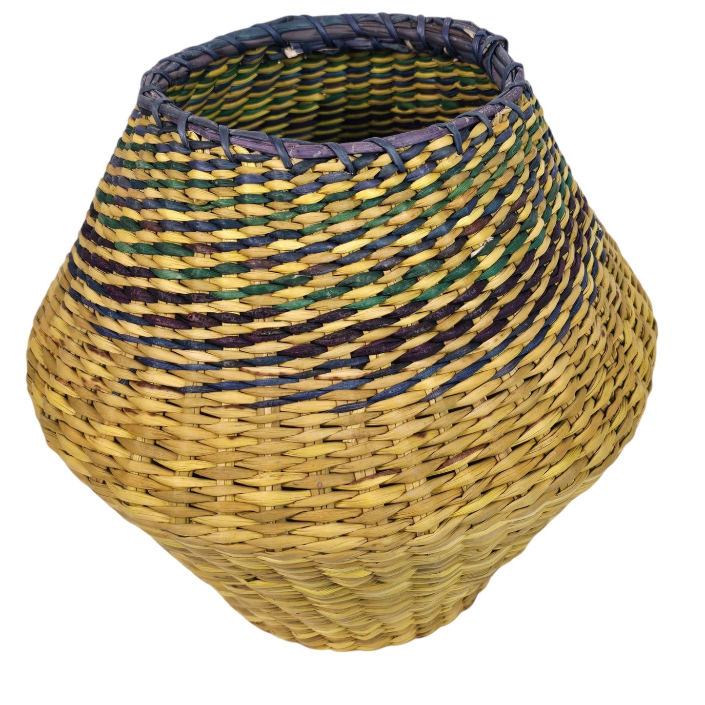 Vintage Woven Seagrass Basket Coiled Boho Yellow Purple Blue Tapered Vase Planter