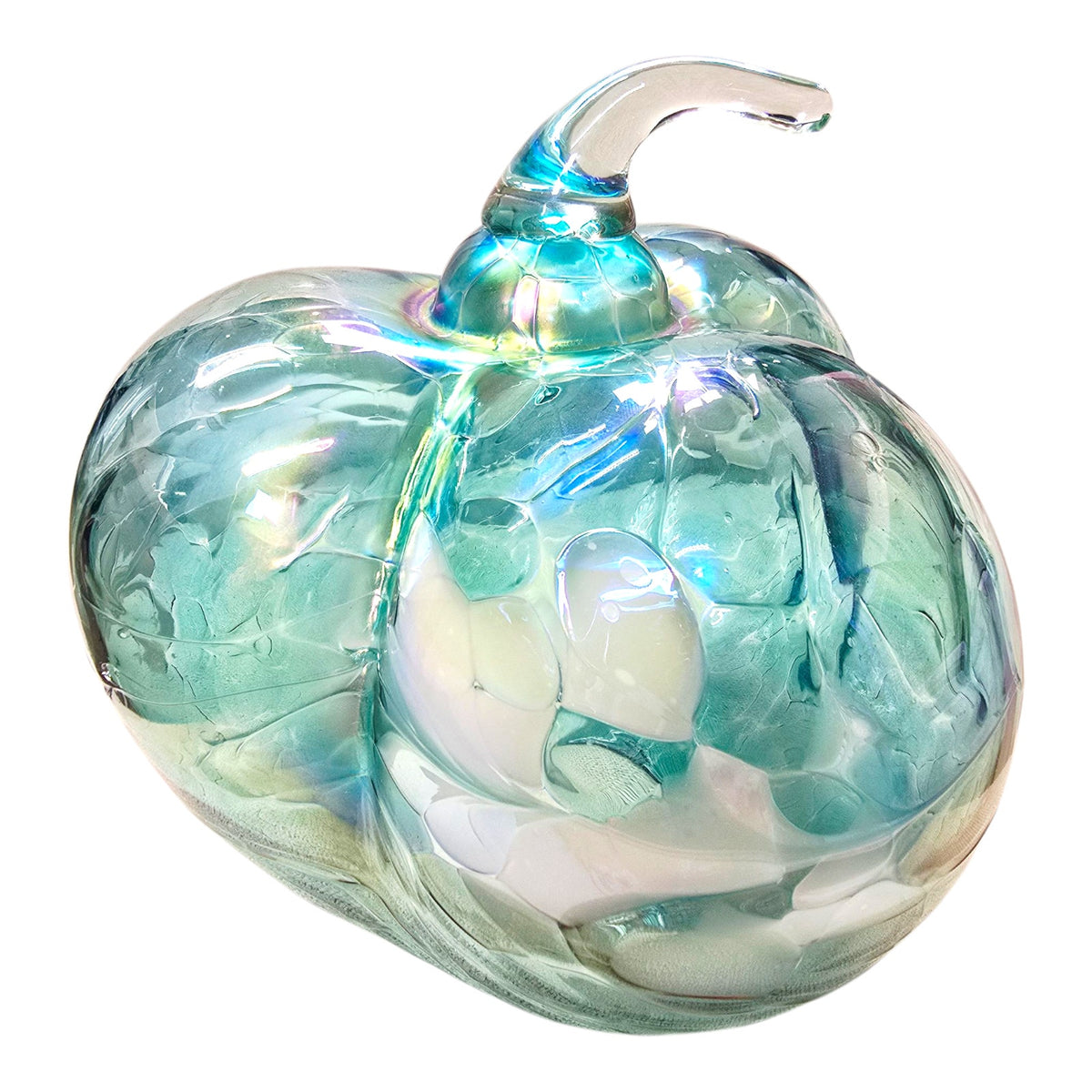 Iridescent Aqua Blue Art Glass Pumpkin White Swirl Sculptural Decor 8"