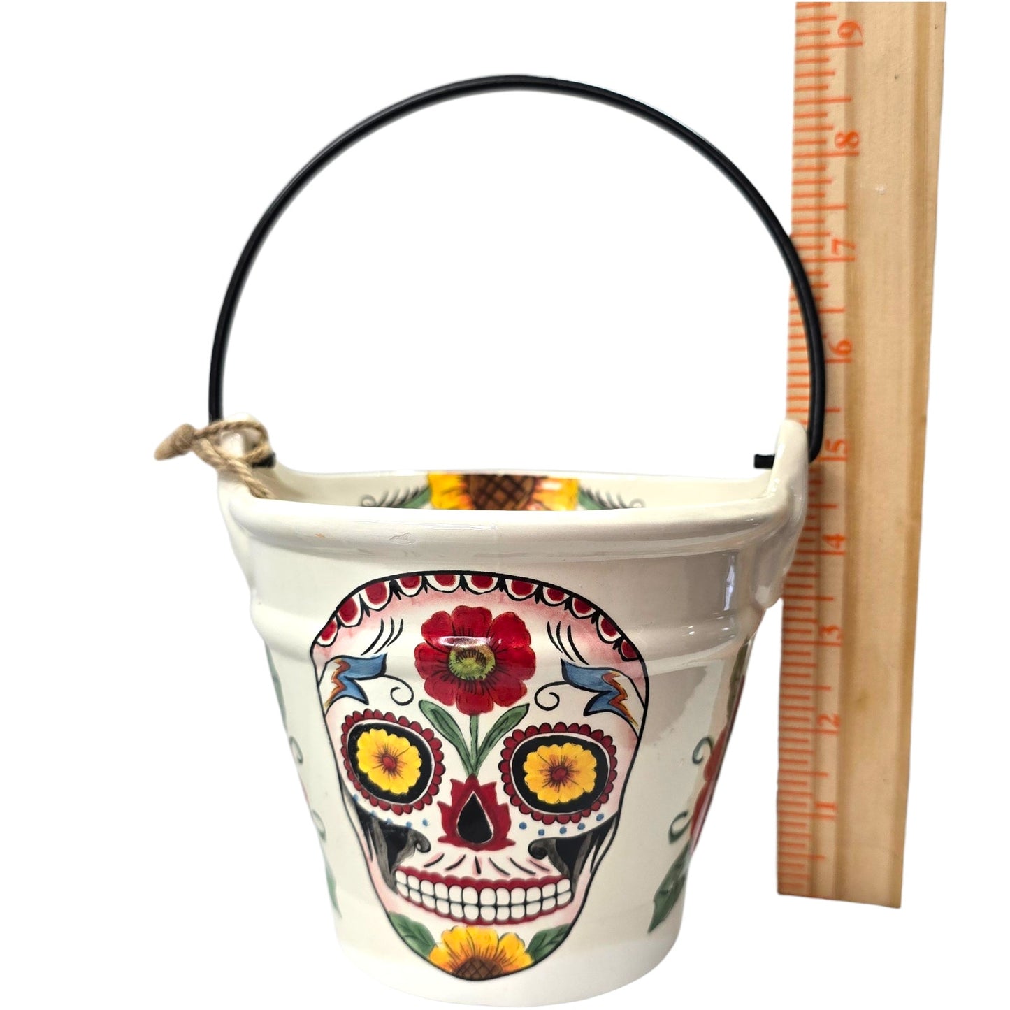 Maxcera Decor of the Dead Sugar Skull Ceramic Bucket Halloween Dia de los Muertos