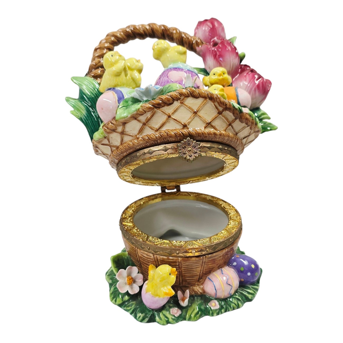 Large Hinged Ceramic Easter Basket Trinket Box Floral Chicks & Eggs Spring Decor