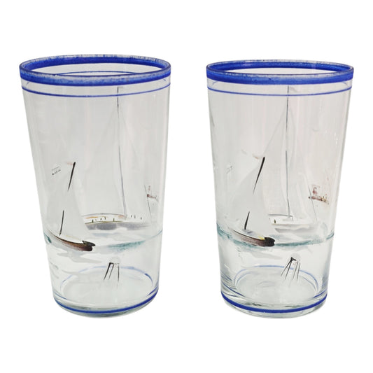AS IS Handpainted MCM Sailboat Glass Beverage Tumblers Blue Rim Nautical Barware