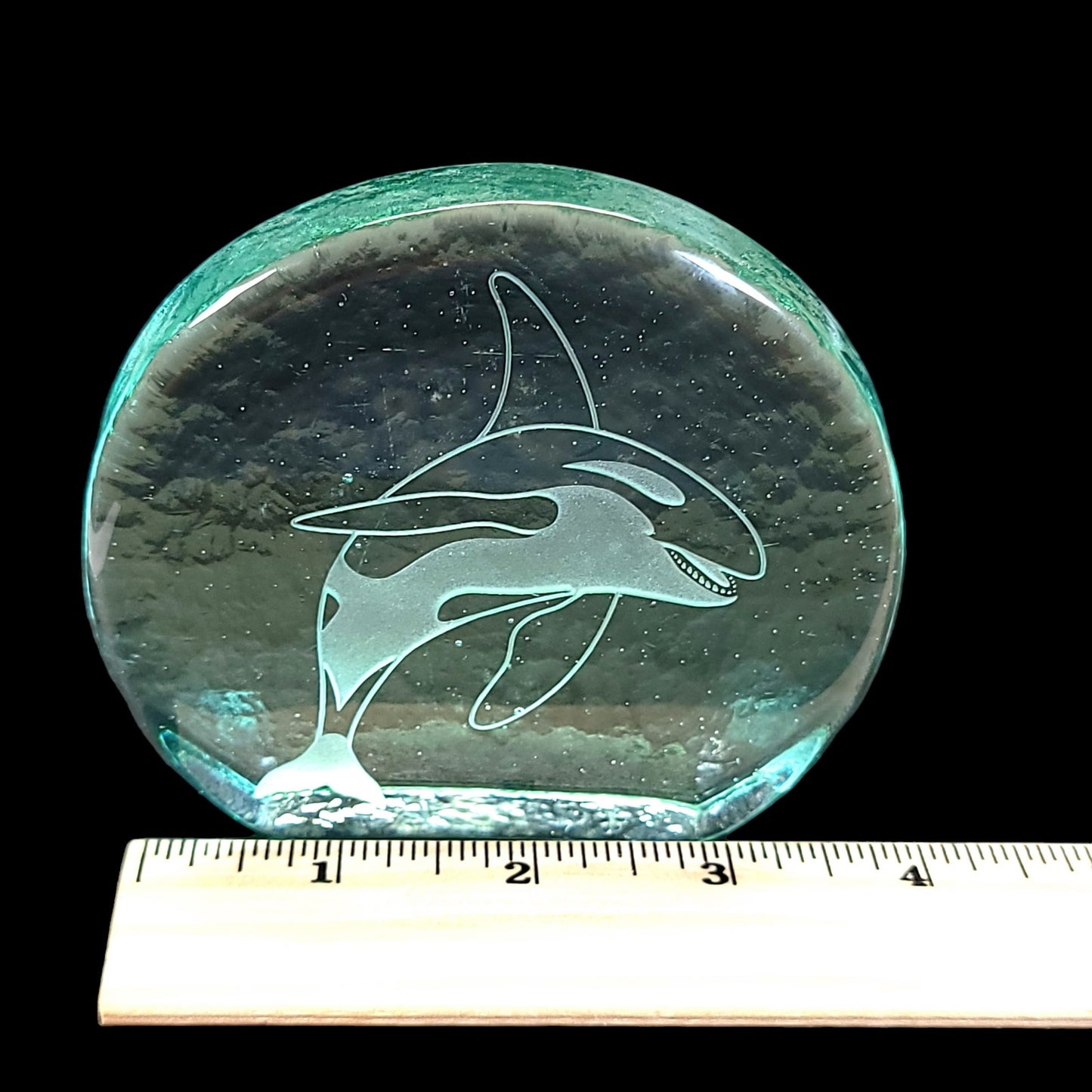 Etched Glass Orca Whale / Killer What Paperweight Figurine, Recycled Glass Whale