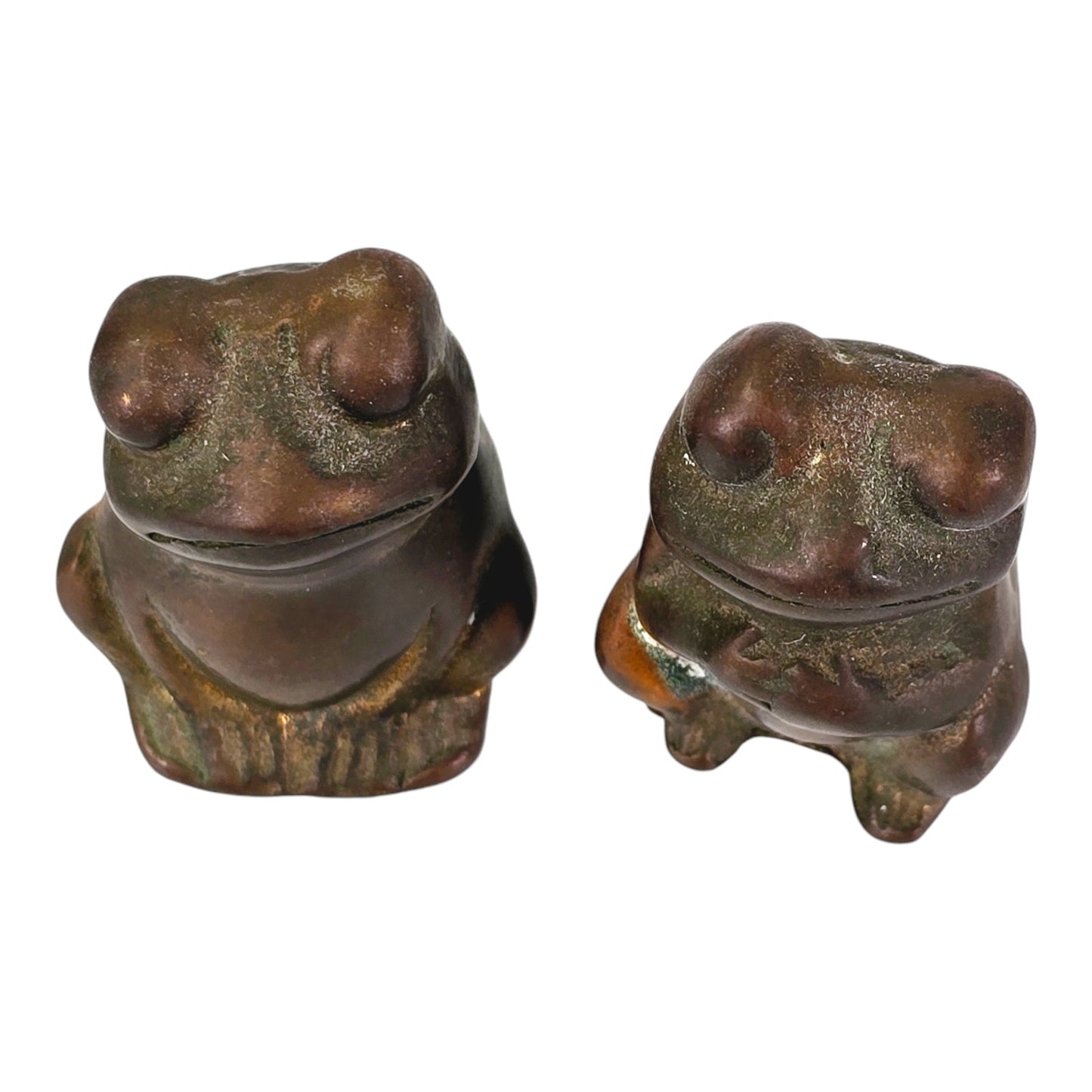 Set of 2 Miniature Brass Frog Figurines, with Patina, 1.5" H