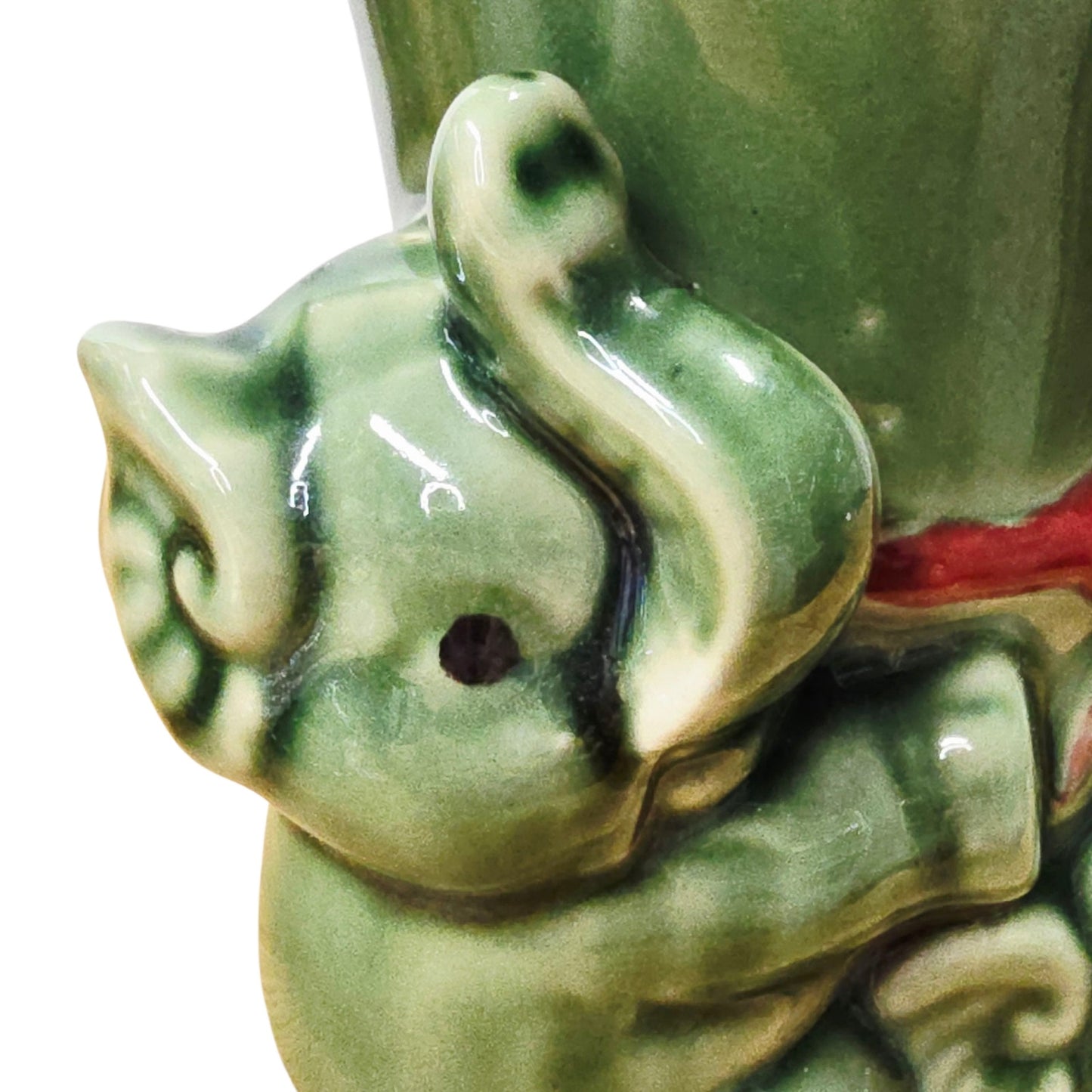 Vintage Green Elephant Ceramic Planter Rolled Scroll Design with Red Bow 5"