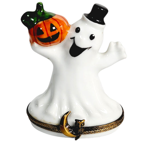 Vintage Happy Ghost and Pumpkin Trinket, Marked Limoges France