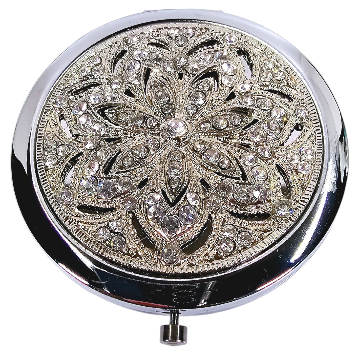 Olivia Riegel Silver Tone Crystal Sinclair Mirrored Compact, New in Bag, 2.75" D