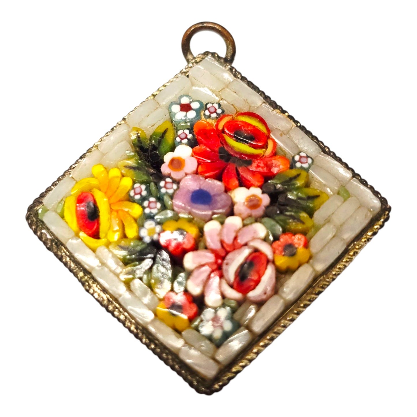 Italian Micro Mosiac Flower Pendant Marked Made in Italy Silver Plate Floral Red Yellow Pink
