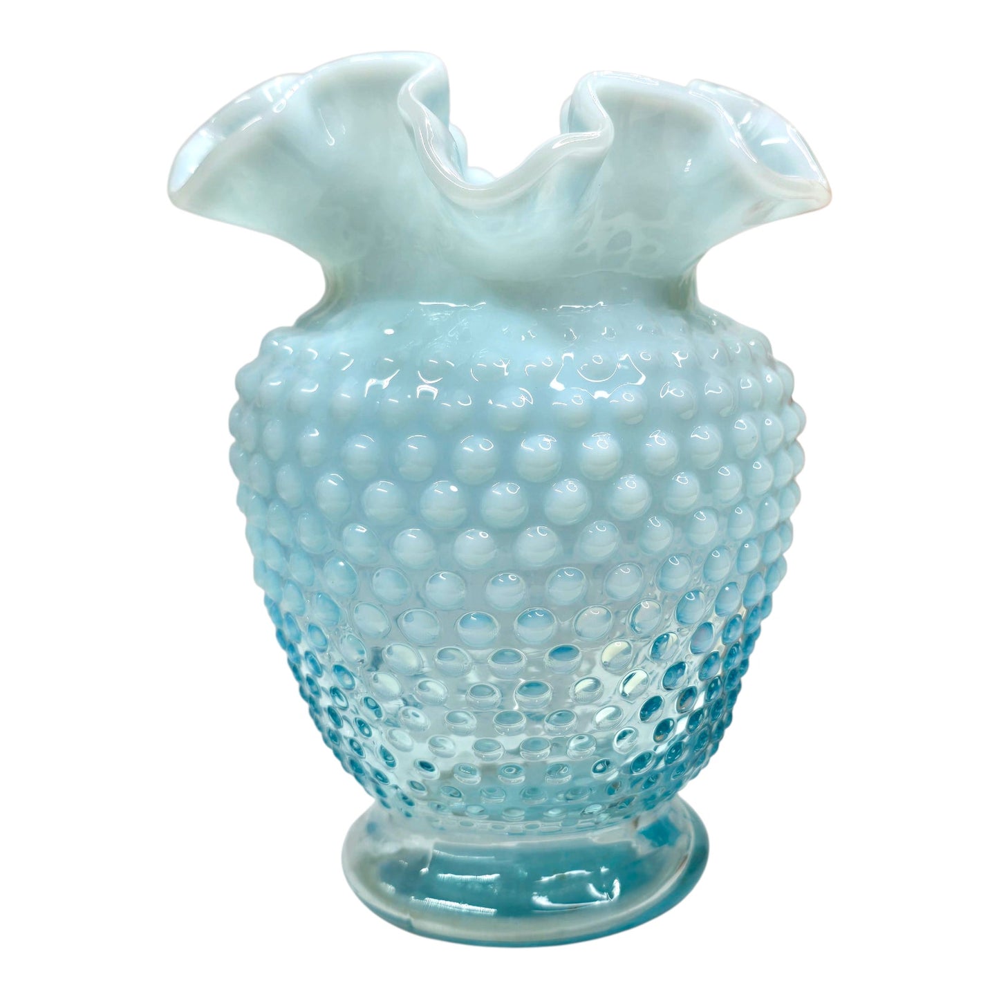 Fenton Aqua Blue Opalescent Hobnail Vase Uranium Reactive Ruffled Top Art Glass