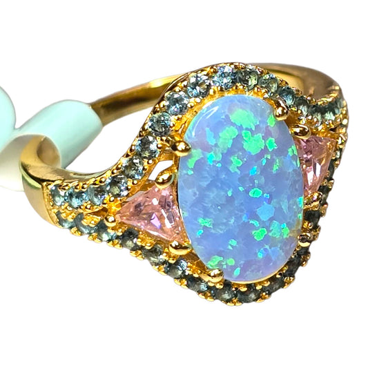 * Blue Fire Opal Gold Plated Sterling Silver with Rhinestones Size 7 Gold Cake 925