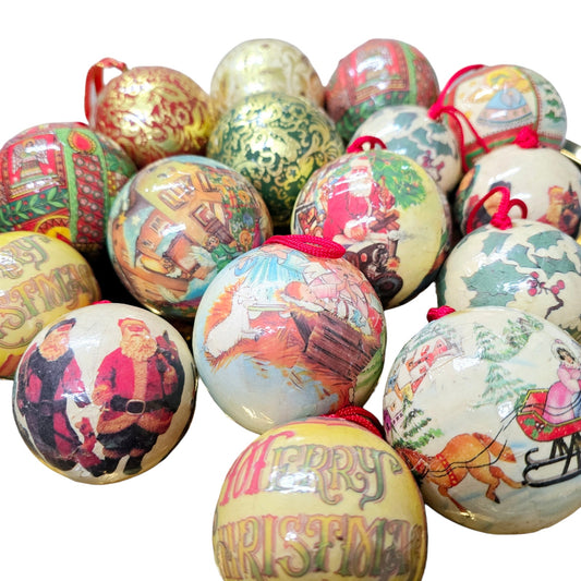 Vintage Decoupage Paper Mache Christmas Ball Ornaments Lot of 16