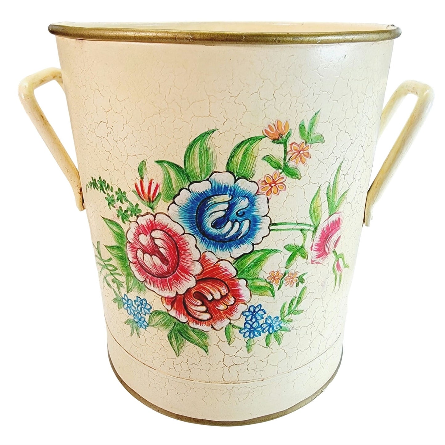 Vintage Anthropologie Floral Metal Waste Basket with Handles 8" H, Yellow with Red and Blue Flowers