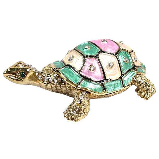 Bejeweled Good Luck Turtle Trinket Box, Enamel Hand-painted Metal, Soft Water Colors