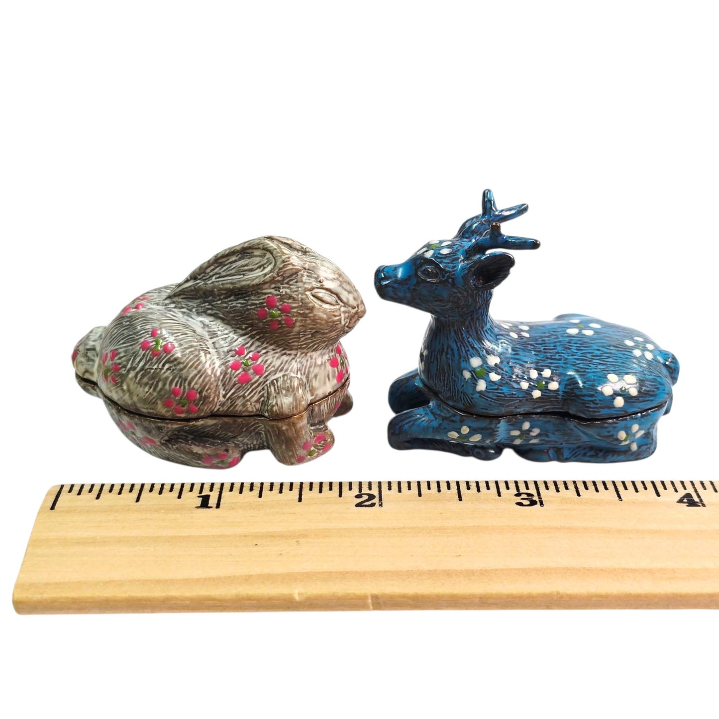 Set of 2 Cast Iron Trinket Boxes Handpainted Marked Thailand ILA Deer & Bunny🌸