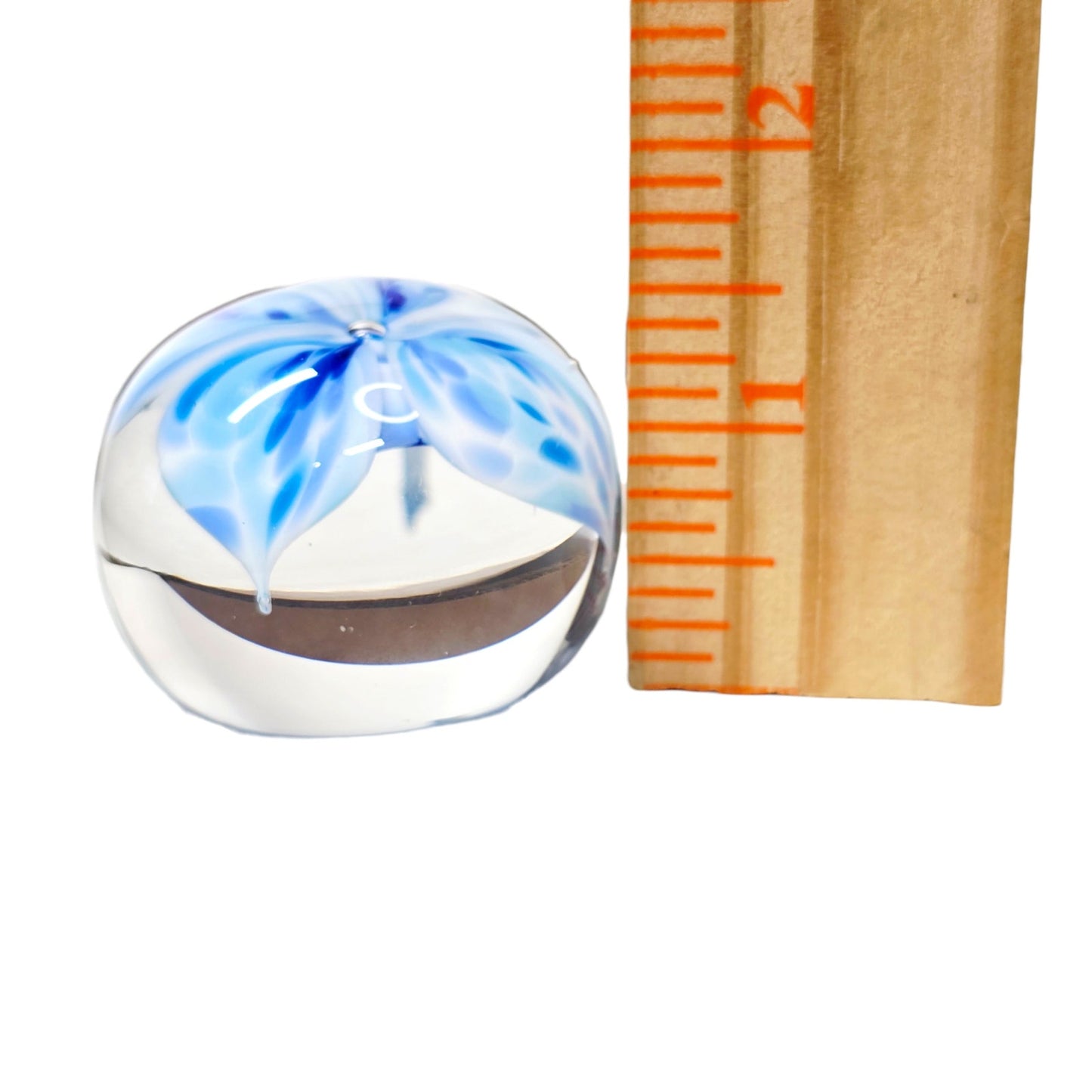 Signed Jodi Bove 1991 Art Glass Paperweight Blue White Floral Swirl Flower 2"