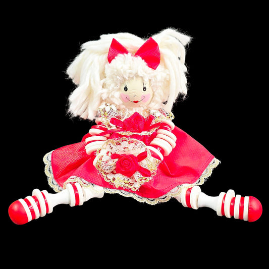 Vintage Wooden Button Doll Shelf Sitter, Wood and Yarn Sitting Doll