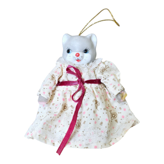 Vintage Porcelain Cat Ornament, Moveable Arms with Handmade Dress