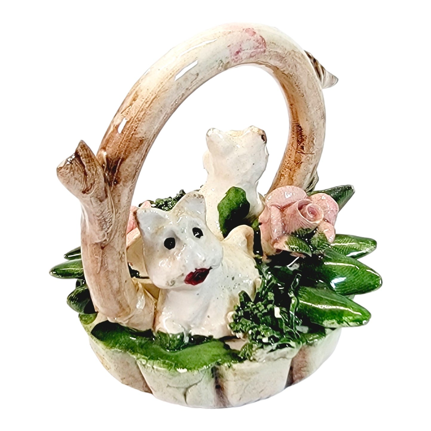 Vintage Capodimonte Italy Dogs (or cats) in a Basket with Flowers Porcelain Figurine