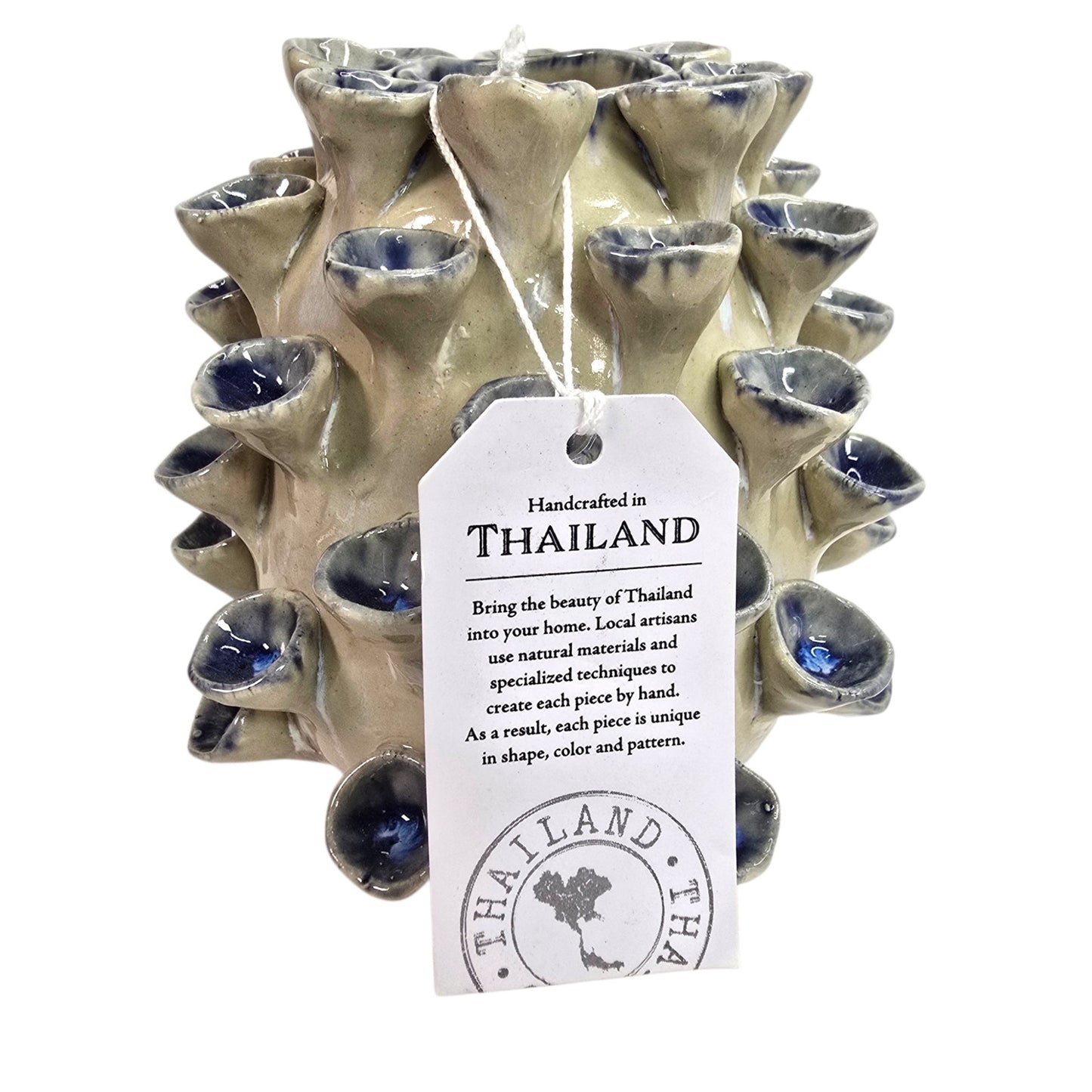 Vintage Art Pottery Barnacle Urchin Vase Thailand Blue Glaze Textured Figural 6"