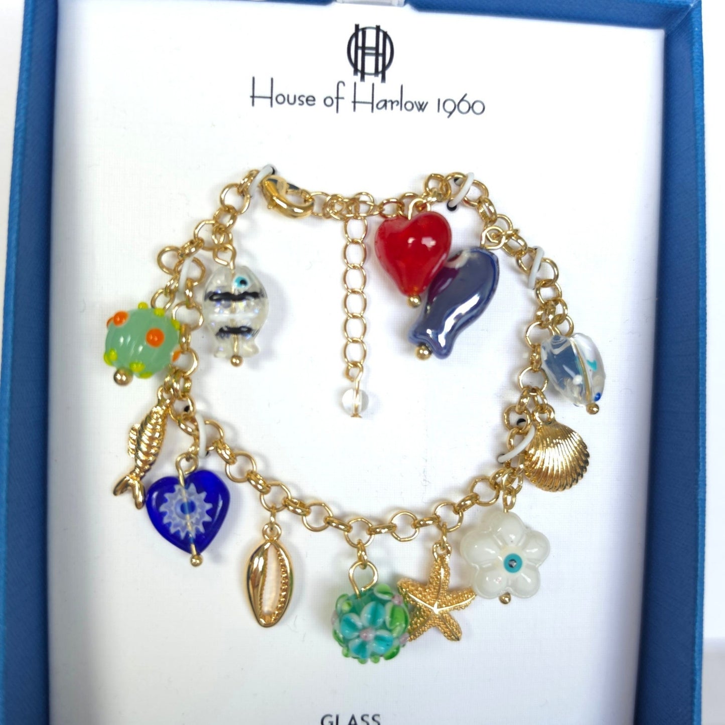 House of Harlow 1960 Gold Tone Multi Charm Bracelet Glass Lead Safe Nickel Free