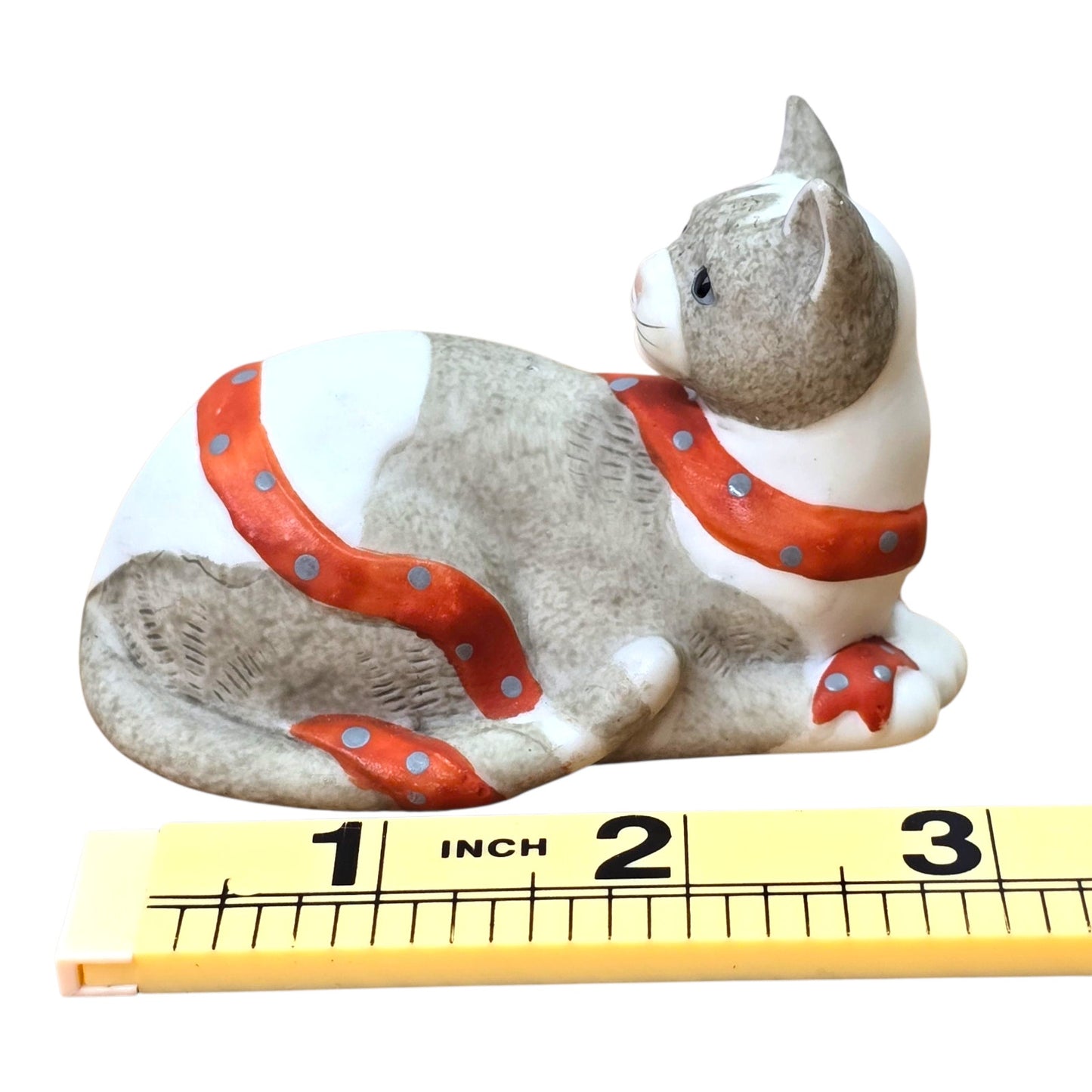 Vtg Silvestri Cat Figurine Handcrafted Taiwan Ceramic Gray White Orange Ribbon