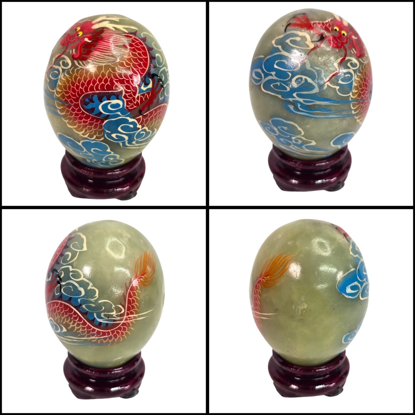 Vtg Set of 6 Chinese Hand Painted Dragon Eggs Green Marble Stone w/ Stands & Box