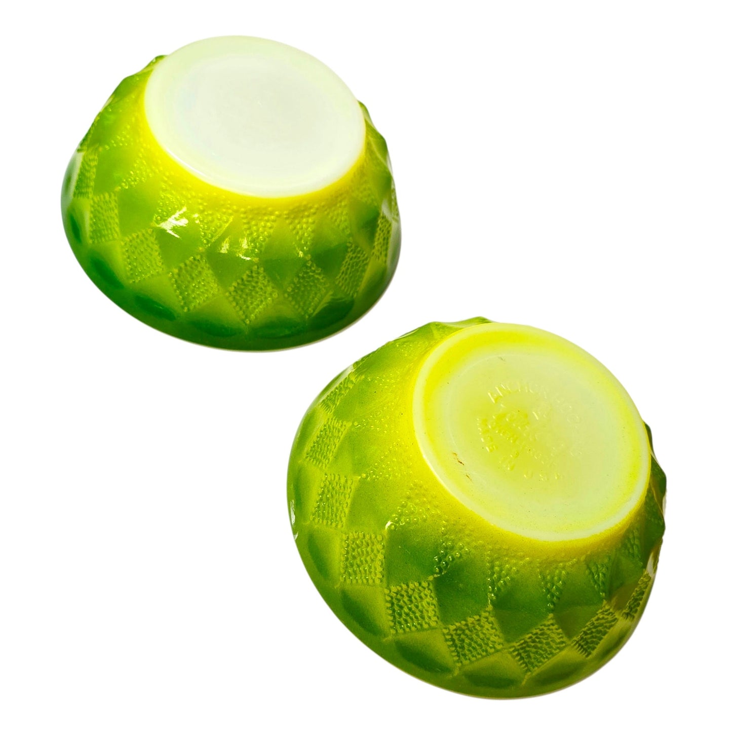 Vtg Fire-King Kimberly Green Bowls Set of 2 Anchor Hocking Avocado Diamond USA