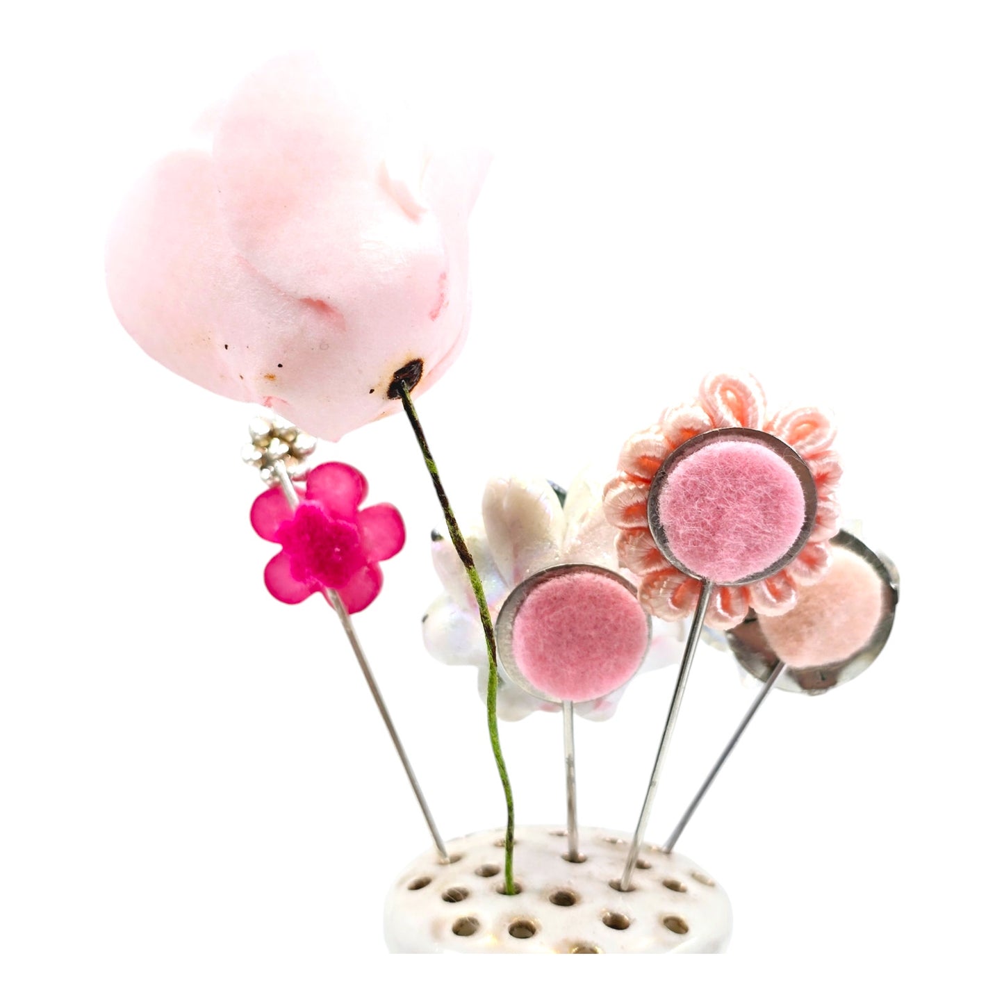 Vintage Pink Floral Salt Shaker Hat Pin Display